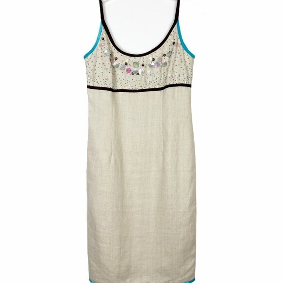 Donna Morgan Tank Dress Women's 6 Khaki 100% Linen Shell Bead Embellished Midi - Picture 14 of 14